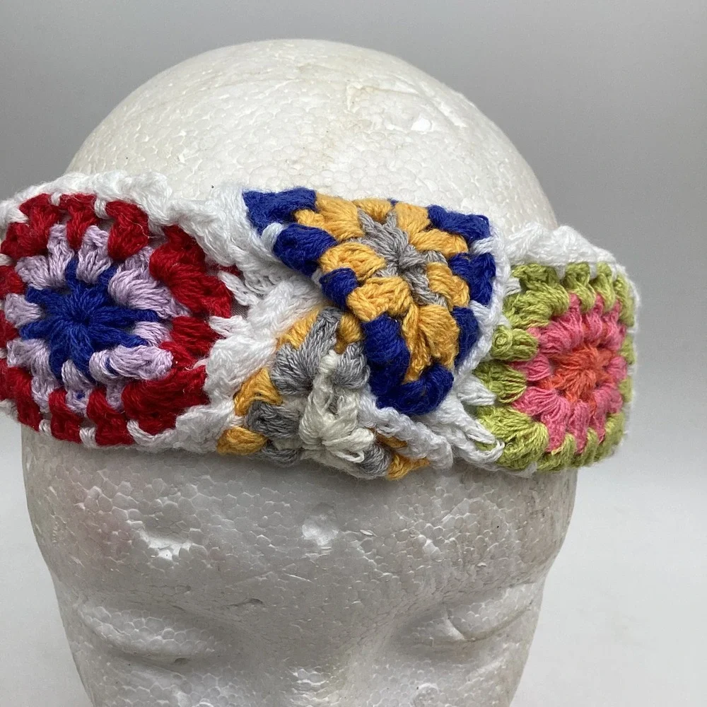 Granny Square Crochet Twisted Knot Headband Boho Retro Multi Color Accessory